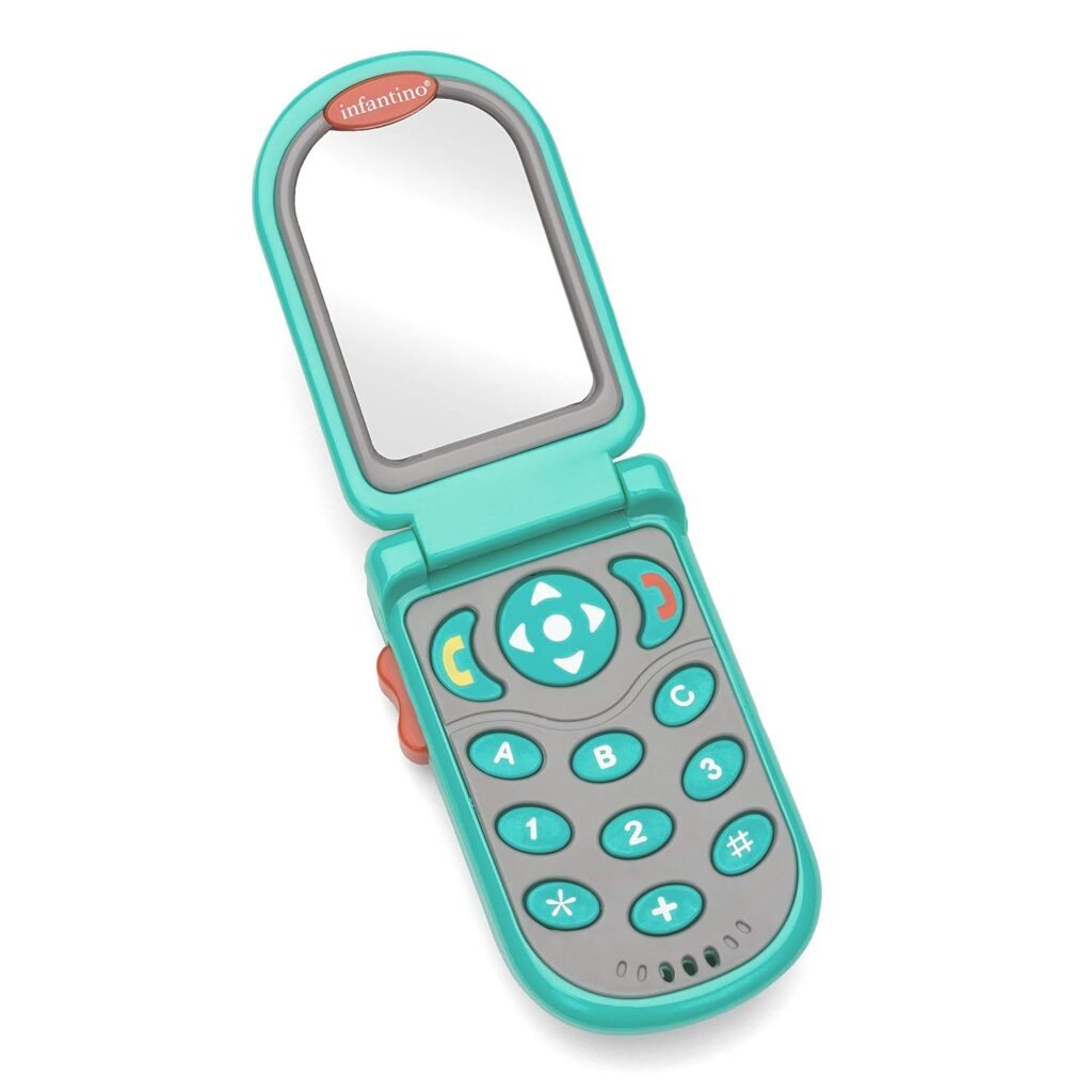 Infantino Flip and Peek Fun Phone: Bilingual with 3 English  3 Spanish Phrases, Sounds Effects for Engagement, Peek a Boo Mirror Inside, 2 Colors, Ages 3 Months +, Teal, 1 Count (Pack of 1)