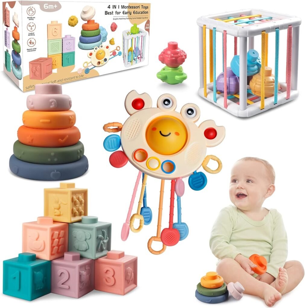 Montessori Baby Toys for Ages 6-18 Months - Pull String Teether, Stacking Blocks, Sensory Shapes  Storage Bin, Infant Bath Time Fun, 4 in 1 Toddlers Toy Gifts for 1 2 3 Year Old Boys Girls