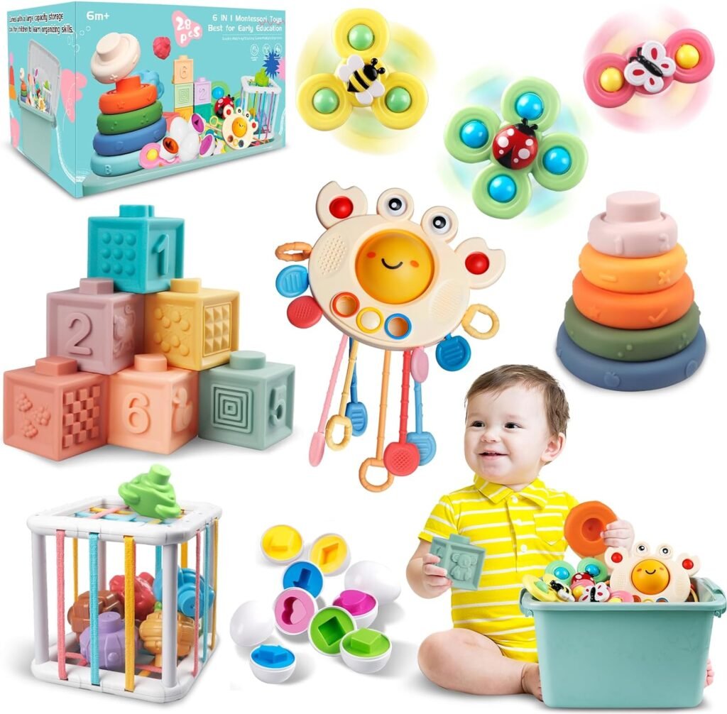 Baby Toys for 6 to 12 Months, Montessori Sensory Bins Toys for Toddlers 1-3, Pull String Teether Infants Bath Toys 6 in 1 Stacking Blocks Rings, Matching Eggs, Suction Cup Spinner Toy