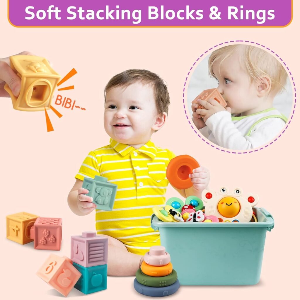 Baby Toys for 6 to 12 Months, Montessori Sensory Bins Toys for Toddlers 1-3, Pull String Teether Infants Bath Toys 6 in 1 Stacking Blocks Rings, Matching Eggs, Suction Cup Spinner Toy