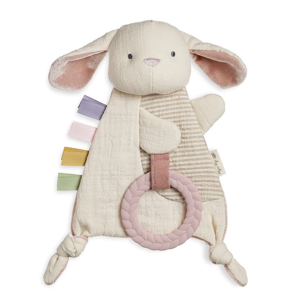 Itzy Ritzy - Bitzy Crinkle Sensory Toy with Teether; Features Ribbons, Crinkle Sound  Soft, Braided Teething Ring; Bunny