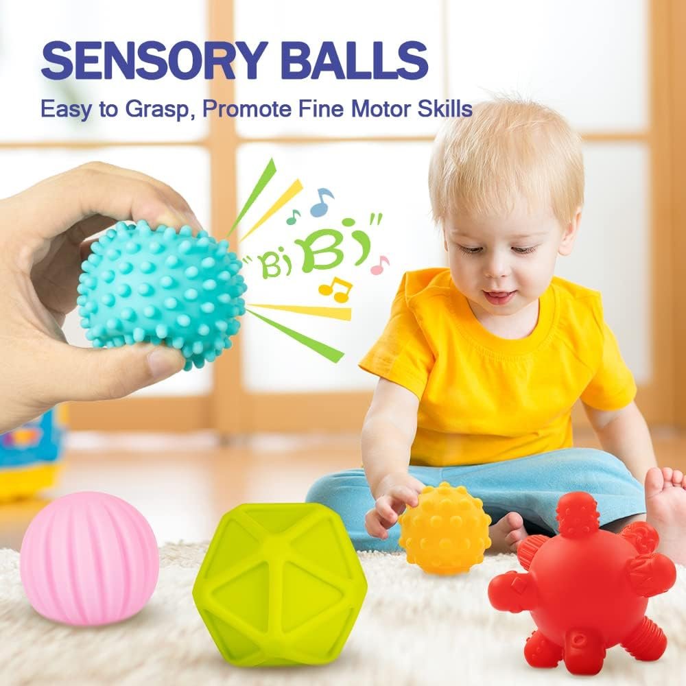 Jyusmile Baby Toys 6-12 Months, Montessori Toys for Babies 6-12 Months, Incl Stacking Building Blocks  Soft Infant Teething Toys  Sensory Balls for Toddlers 0-3-6-9-12 Months