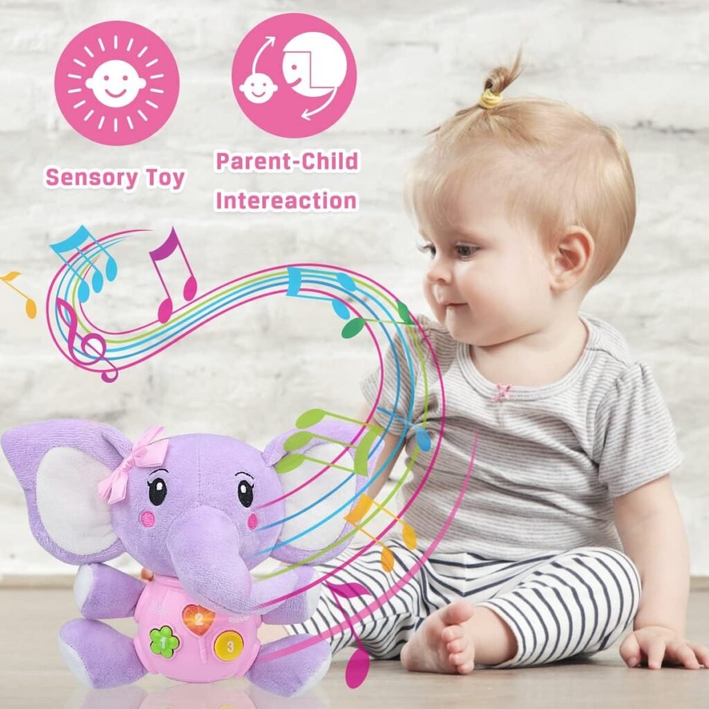 Aitbay Plush Elephant Music Baby Toys 0 3 6 9 12 Months, Cute Stuffed Aminal Light Up Baby Toys Newborn Baby Musical Toys for Infant Babies Boys  Girls Toddlers 0 to 36 Months (Gray)