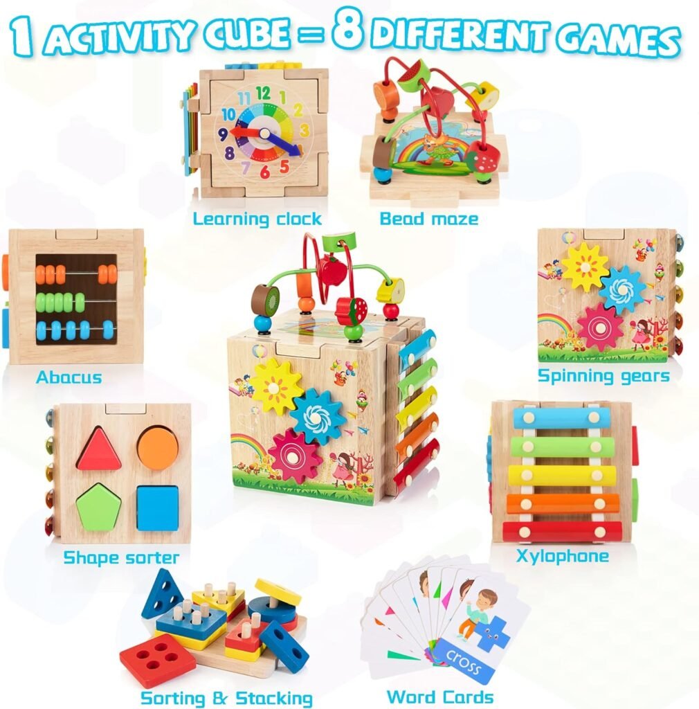 Bravmate Wooden Activity Cube | 8-in-1 Montessori Toys for 18M+ Toddlers, One Year Old First Birthday Gift, Baby Toy Set with Bonus Sorting  Stacking Board