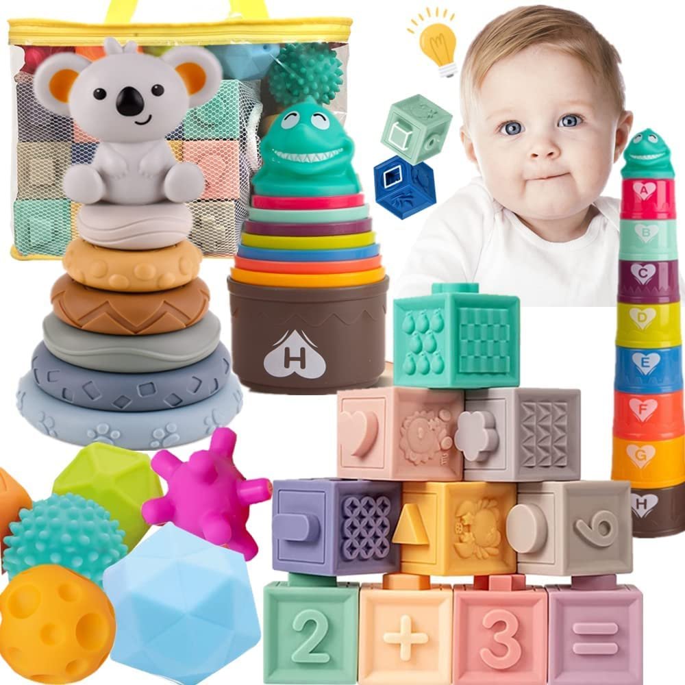 Montessori Toys for Babies Baby Toys 6 to 12 Months/ 4 in 1 Soft Baby Toys Bundle/Infant Newborn Toddlers Sensory Toys/Teething Toys for Babies, Learning Toys Baby Gifts