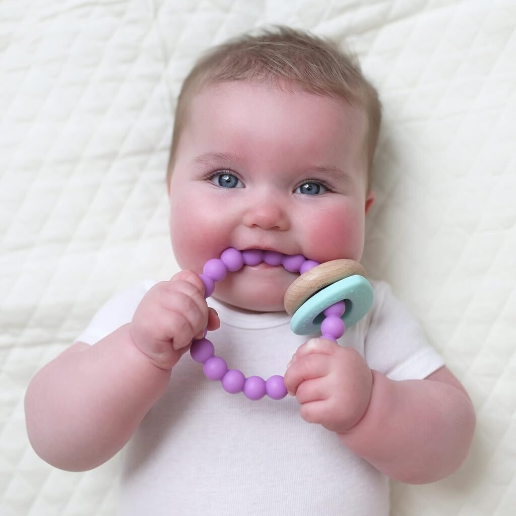 Nuby Natural Wood  Silicone Teether Ring: 3 M+, Elephant, Gray