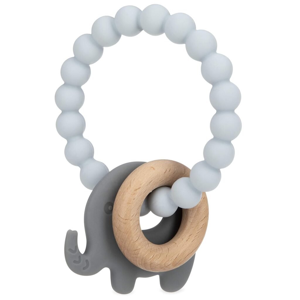 Nuby Natural Wood  Silicone Teether Ring: 3 M+, Elephant, Gray