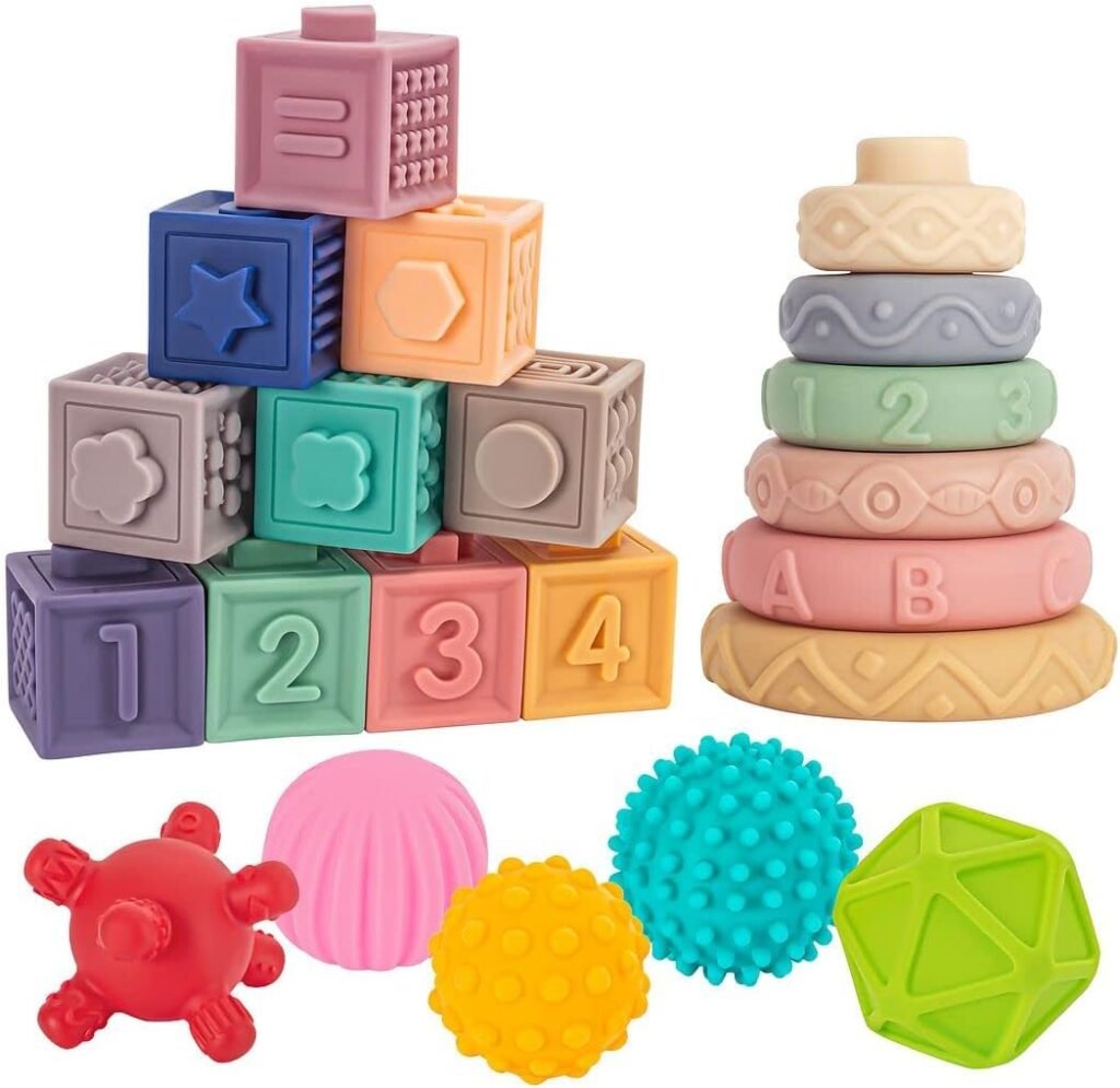 Springflower 3 in 1 Montessori Toys for Babies 0-3-6-12 Months, Soft Baby Teething Toys, Stacking Building Blocks for Infants, Sensory Developmental Education Toys for Toddler Baby 12-18 Months,23 PCS