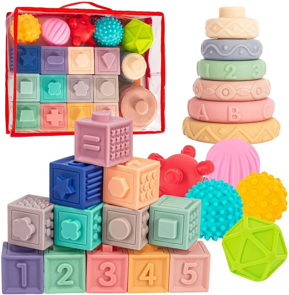 Springflower 3 in 1 Montessori Toys for Babies 0-3-6-12 Months, Soft Baby Teething Toys, Stacking Building Blocks for Infants, Sensory Developmental Education Toys for Toddler Baby 12-18 Months,23 PCS