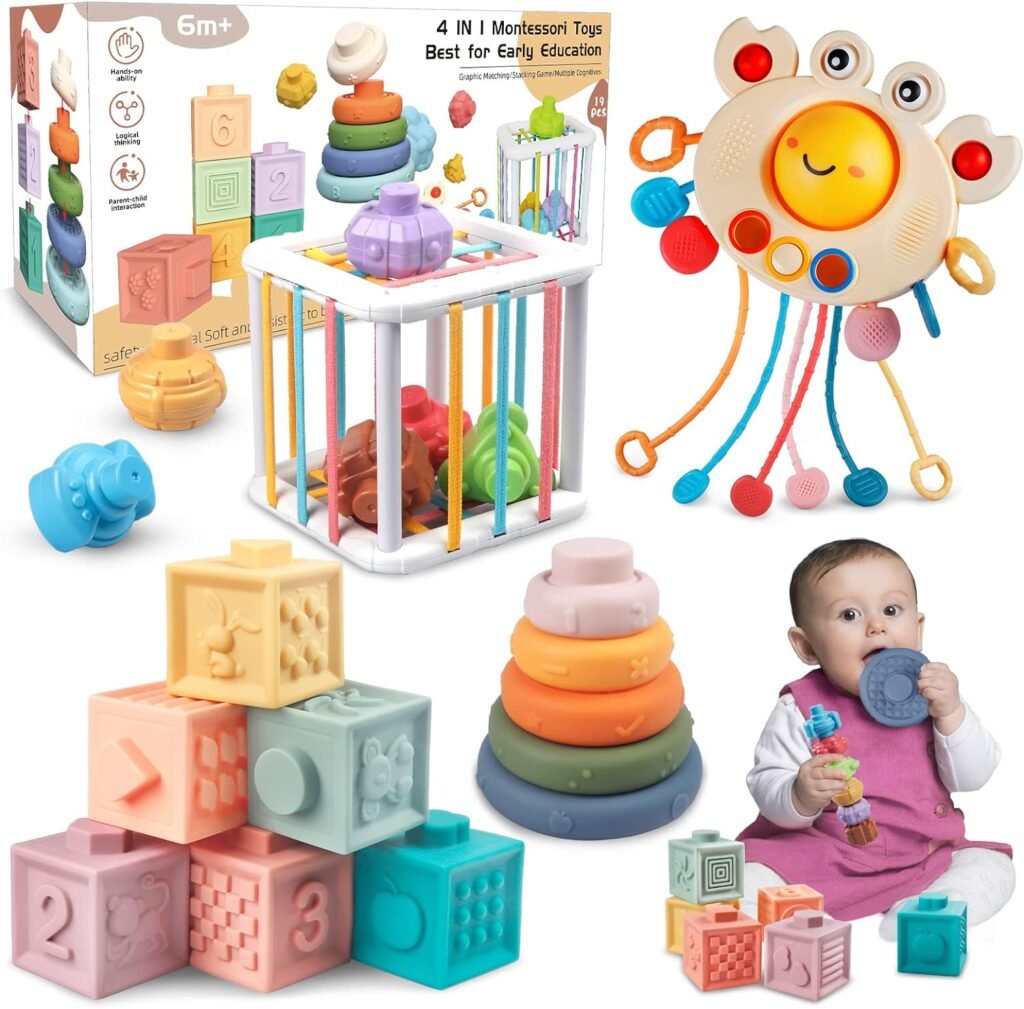 4 in 1 Baby Toys 6-12 Months, Montessori Toys for Babies,Soft Stacking Building Blocks Soft Infant Teething Toys Sensory Balls Educational Learning Toys for Toddlers Boys Girls (E- 4 in 1)