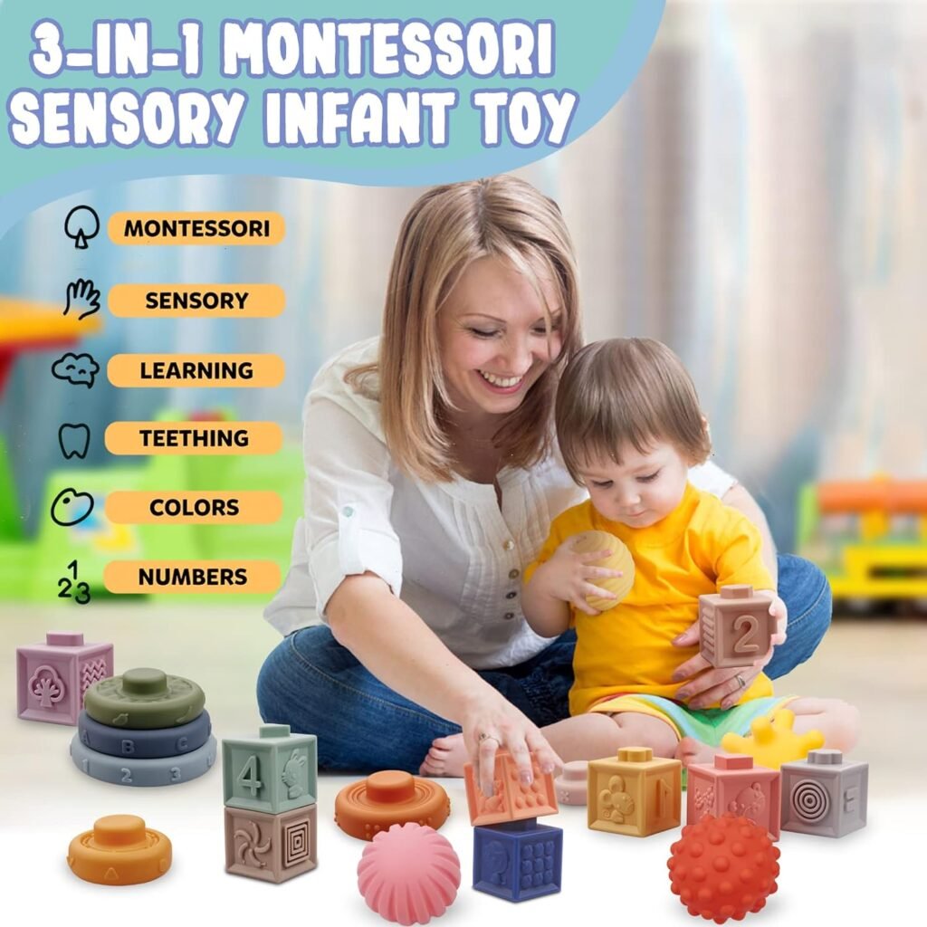 4 in 1 Baby Toys 6-12 Months, Montessori Toys for Babies,Soft Stacking Building Blocks Soft Infant Teething Toys Sensory Balls Educational Learning Toys for Toddlers Boys Girls (E- 4 in 1)