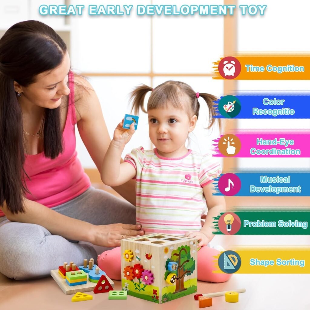 8 in 1 Activity Cube for 18M+ Boys and Girls, Wooden Montessori Toys for Baby, Educational Learning Toys for Toddlers
