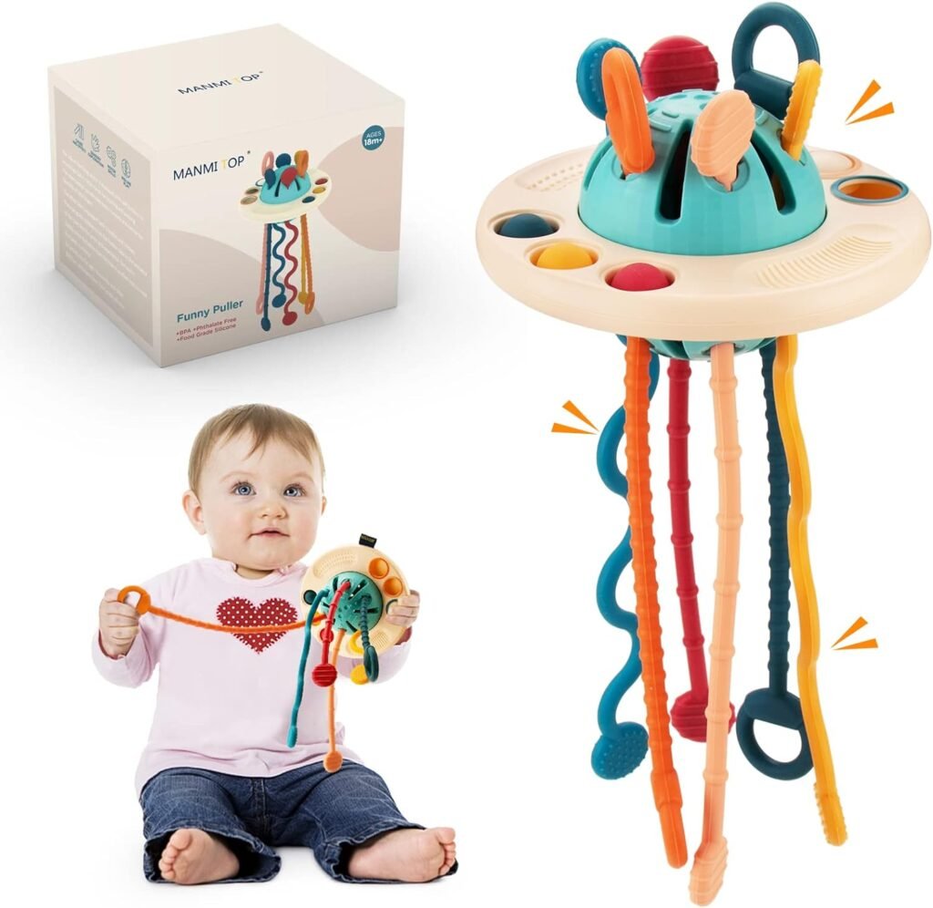 Baby Montessori Toys 18M+, Sensory Toys for Toddlers, UFO Food Grade Silicone Pull Activity Toy, Travel Toys for Baby, First Birthday Gift for Boys Girls