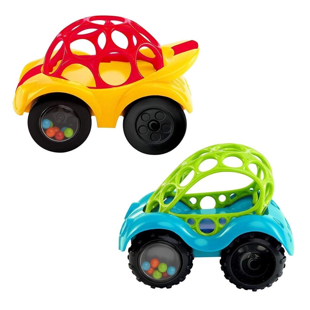 Bright Starts Oball Easy Grasp Rattle  Roll Toy Sports Car BPA-Free Infant Crawling Toy, 1 Pack, Age 3 Months and up, Blue/Green