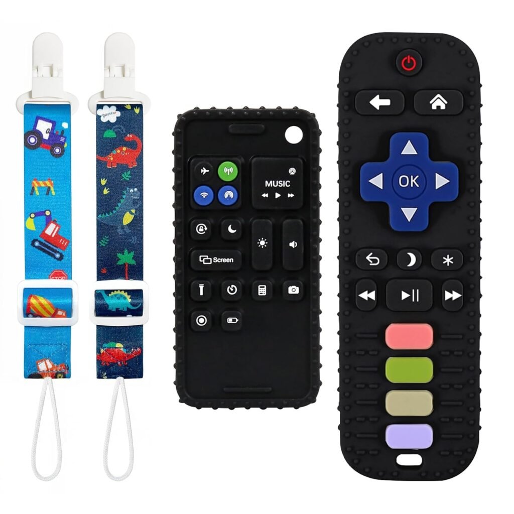 Kpblis Baby Teether Toys, 2 Pcs Remote Control Shape Teething Toys and Phone Shaped Teether for Baby, Silicone Teethers for Babies 6-12 Months, Early Educational Sensory Toy - Black,Black
